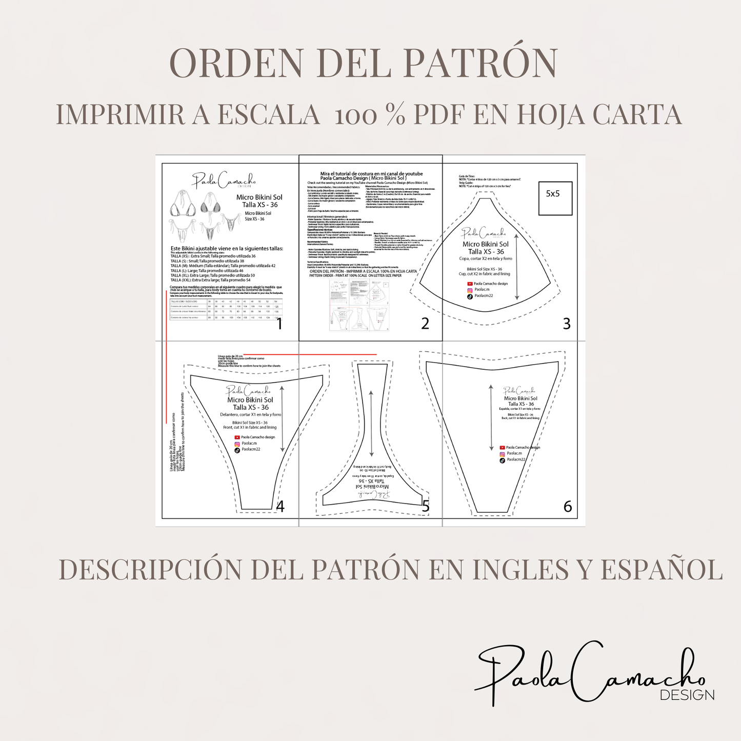 Patrón de costura Bikini Sol - tallas desde XS hasta la XXL - patrones en pdf de descarga instantanea