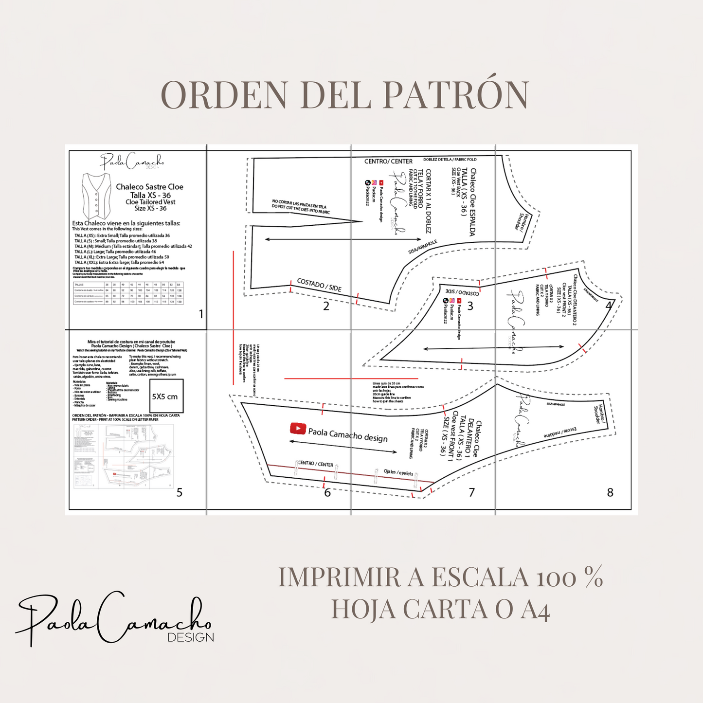 Patrón chaleco Sastre CLOE - tallas XS,S,M,L,XL,XXL -