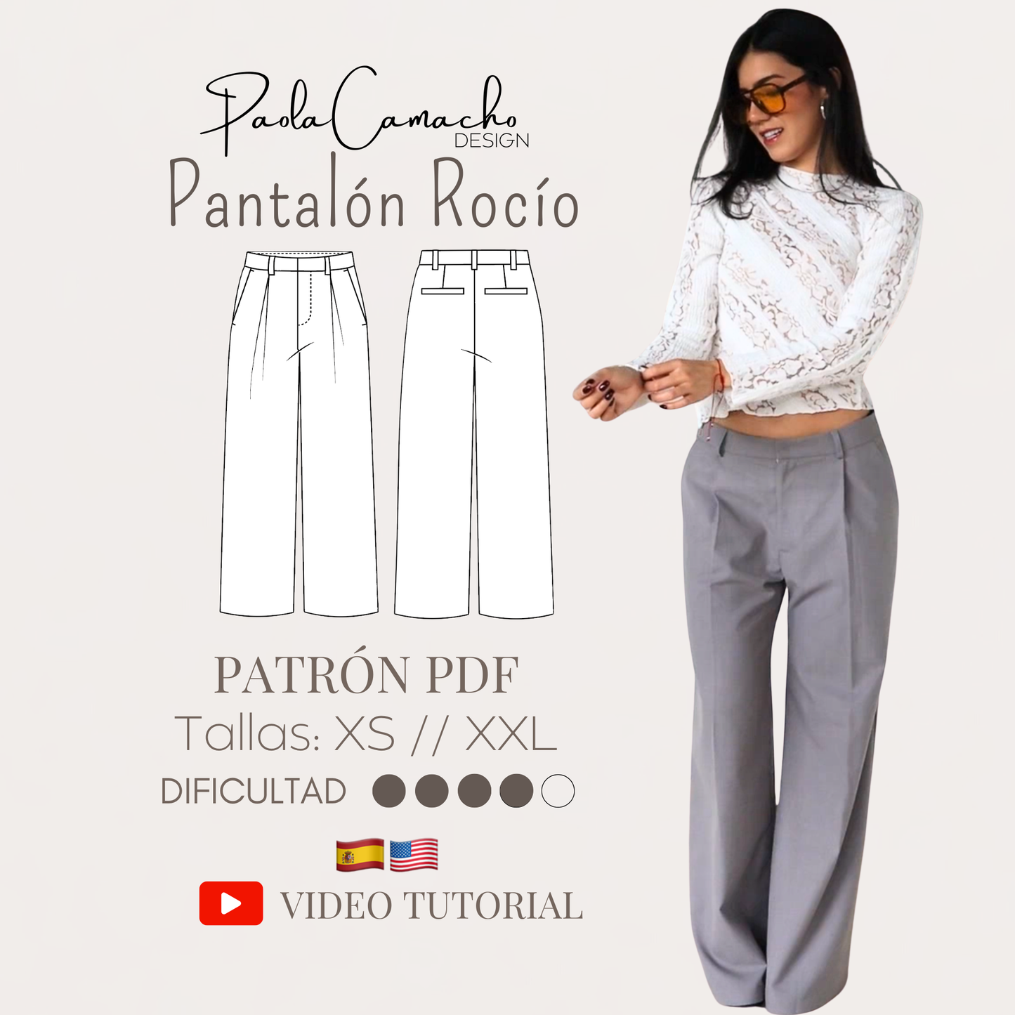 Pantalón Satre Rocío - Patrón en PDF + VIDEO de costura - Impresión en hoja carta escala 100%
