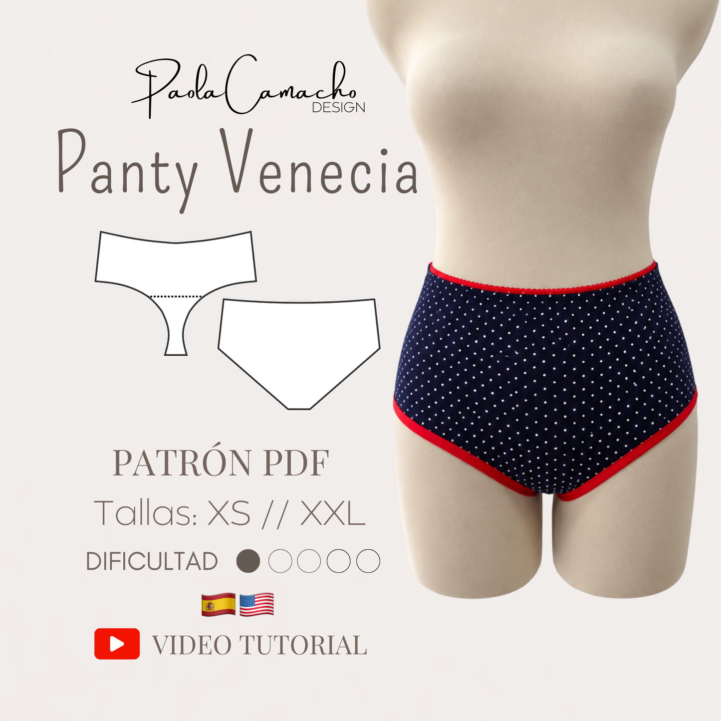 Patrón de Costura Panty Veneciade de tiro alto PDF | Tallas XS hasta XXL | Impresión Hoja Carta | Principiantes