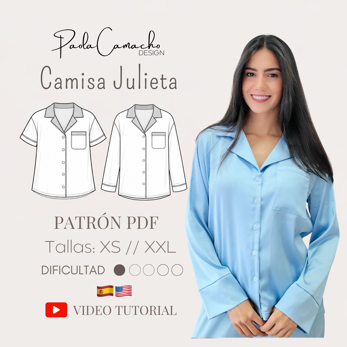 Patrón Camisa de Pijama Julieta PDF | Manga Larga y Corta | XS–XXL | Carta 100%