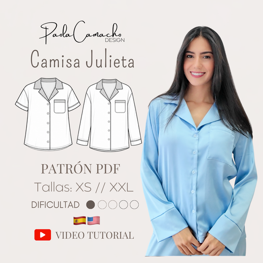 Patrón Camisa de Pijama Julieta PDF | Manga Larga y Corta | XS–XXL | Carta 100%