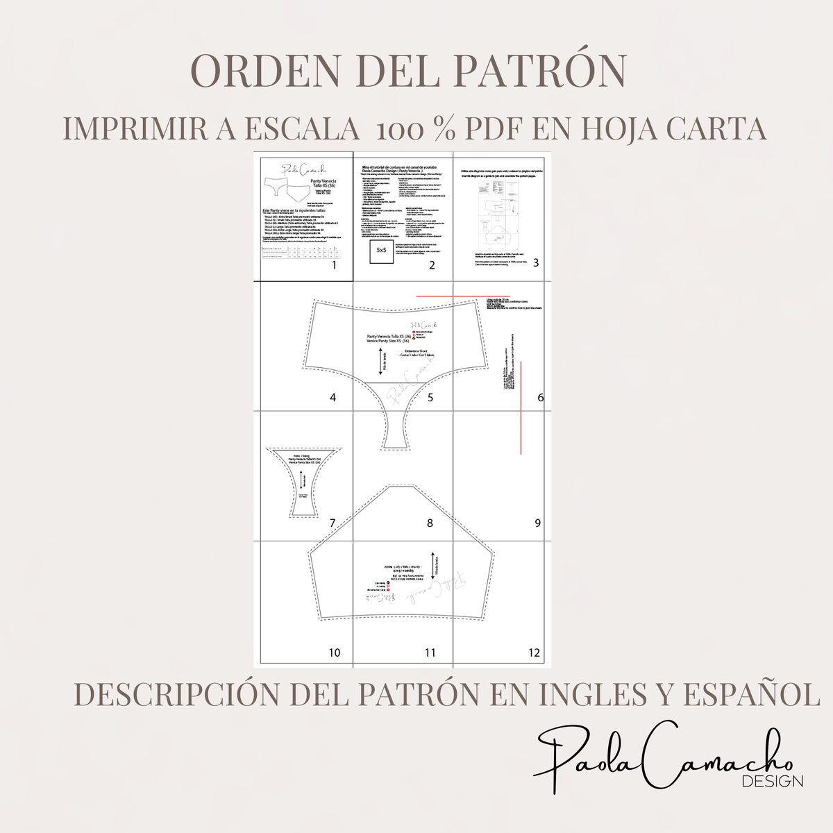 Patrón de Costura Panty Veneciade de tiro alto PDF | Tallas XS hasta XXL | Impresión Hoja Carta | Principiantes