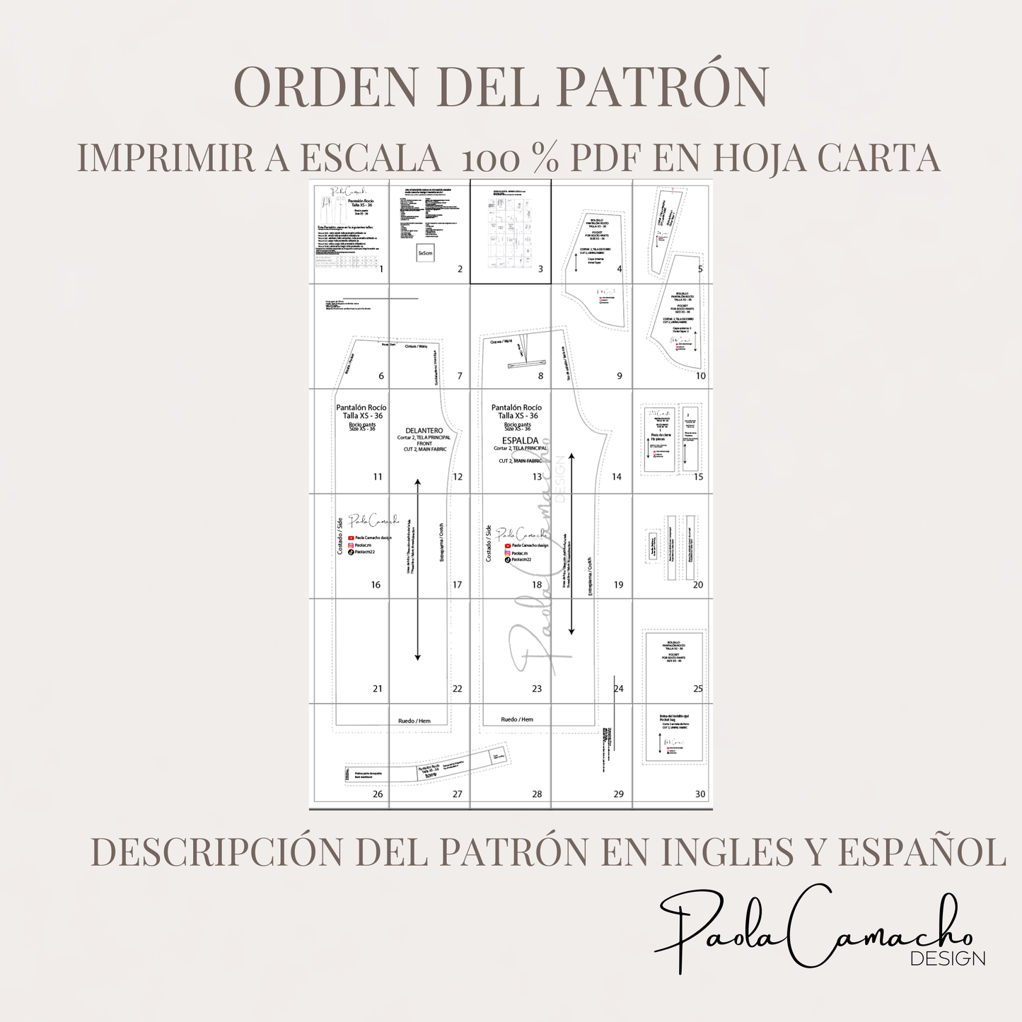 Pantalón Satre Rocío - Patrón en PDF + VIDEO de costura - Impresión en hoja carta escala 100%