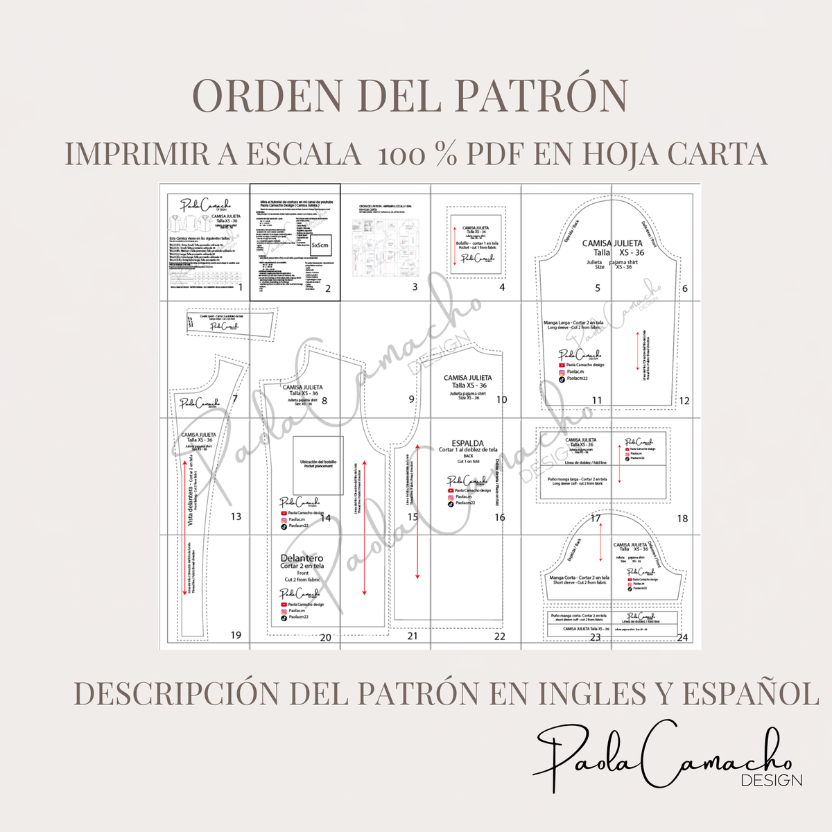 Patrón Camisa de Pijama Julieta PDF | Manga Larga y Corta | XS–XXL | Carta 100%