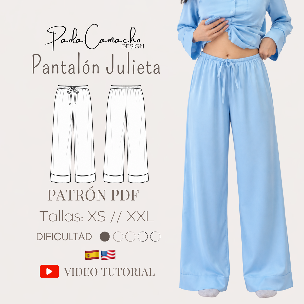 Patrón Pantalón de Pijama Julieta PDF | XS–XXL | Carta 100% | Principiantes