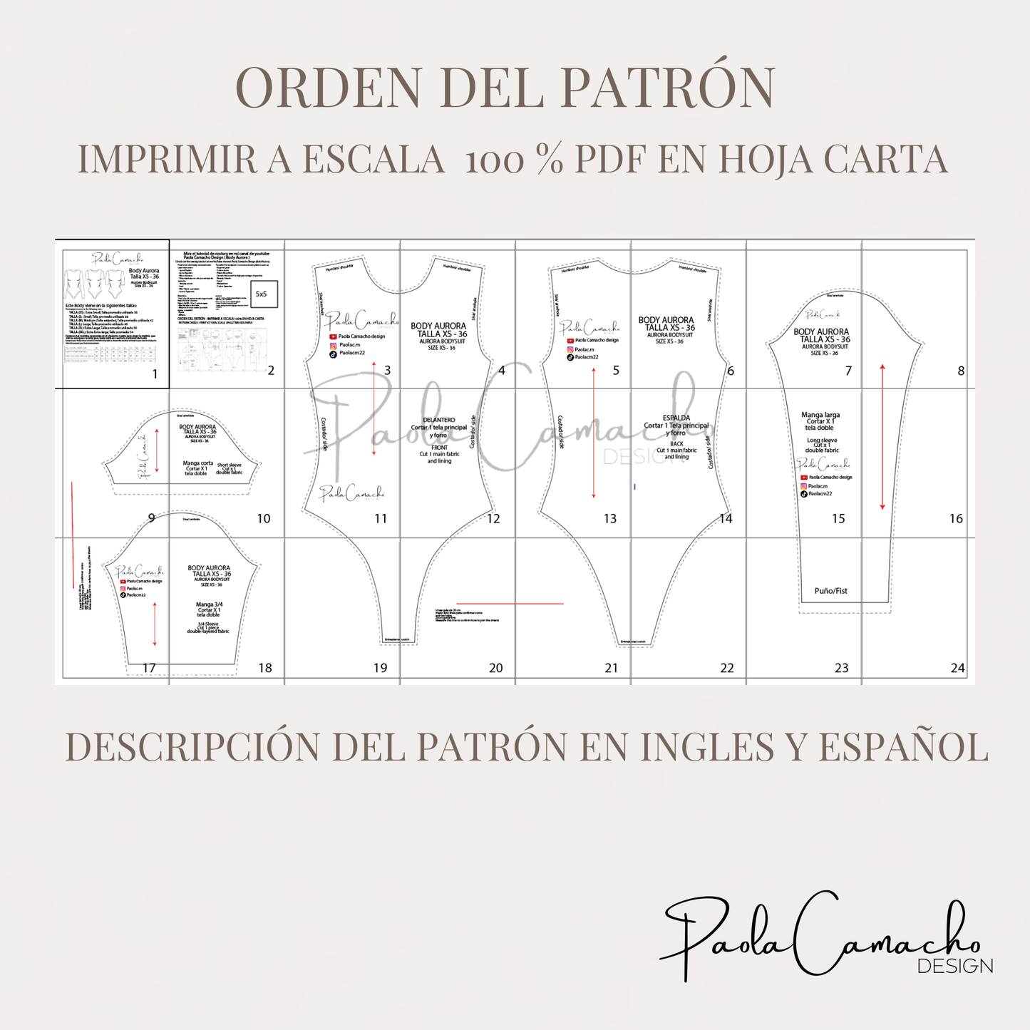 Patrón de costura Body Aurora - tallas desde XS hasta la XXL - patrones en pdf de descarga instantanea