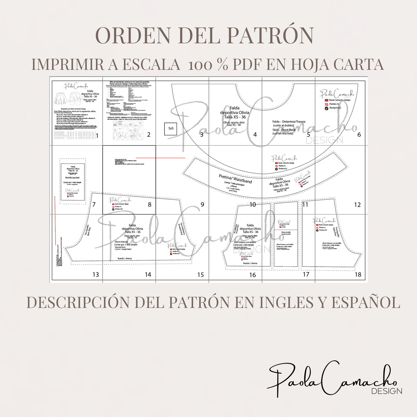 Patrón de Costura Falda Deportiva Olivia – PDF Tallas desde la XS a XXL (Hoja Carta)