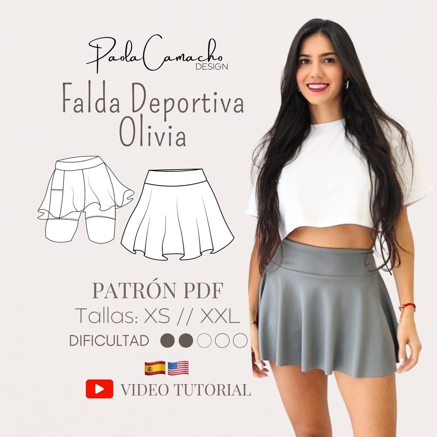 Patrón de Costura Falda Deportiva Olivia – PDF Tallas desde la XS a XXL (Hoja Carta)