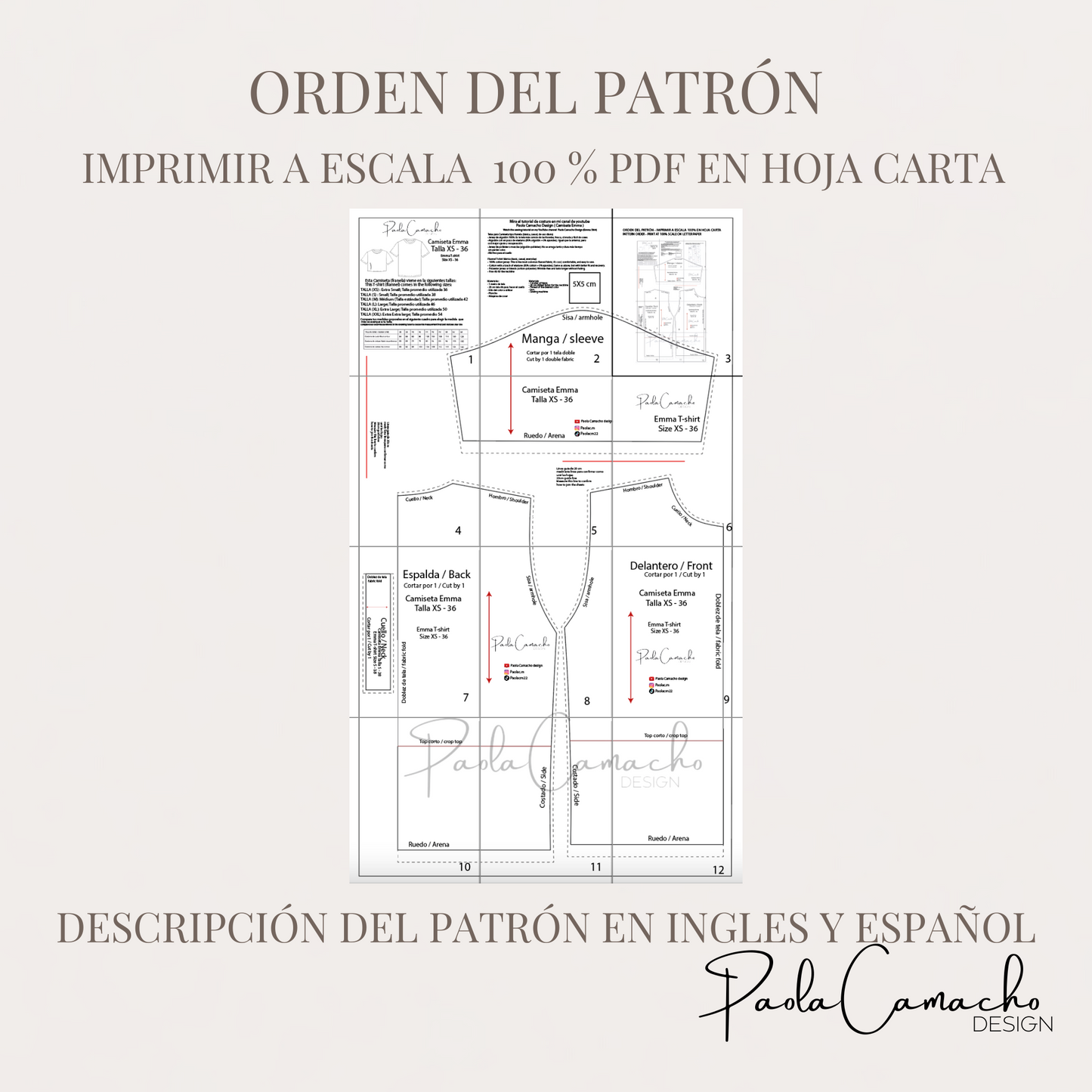 Patrón de Costura Camiseta Emma – PDF Tallas XS a XXL (Hoja Carta)