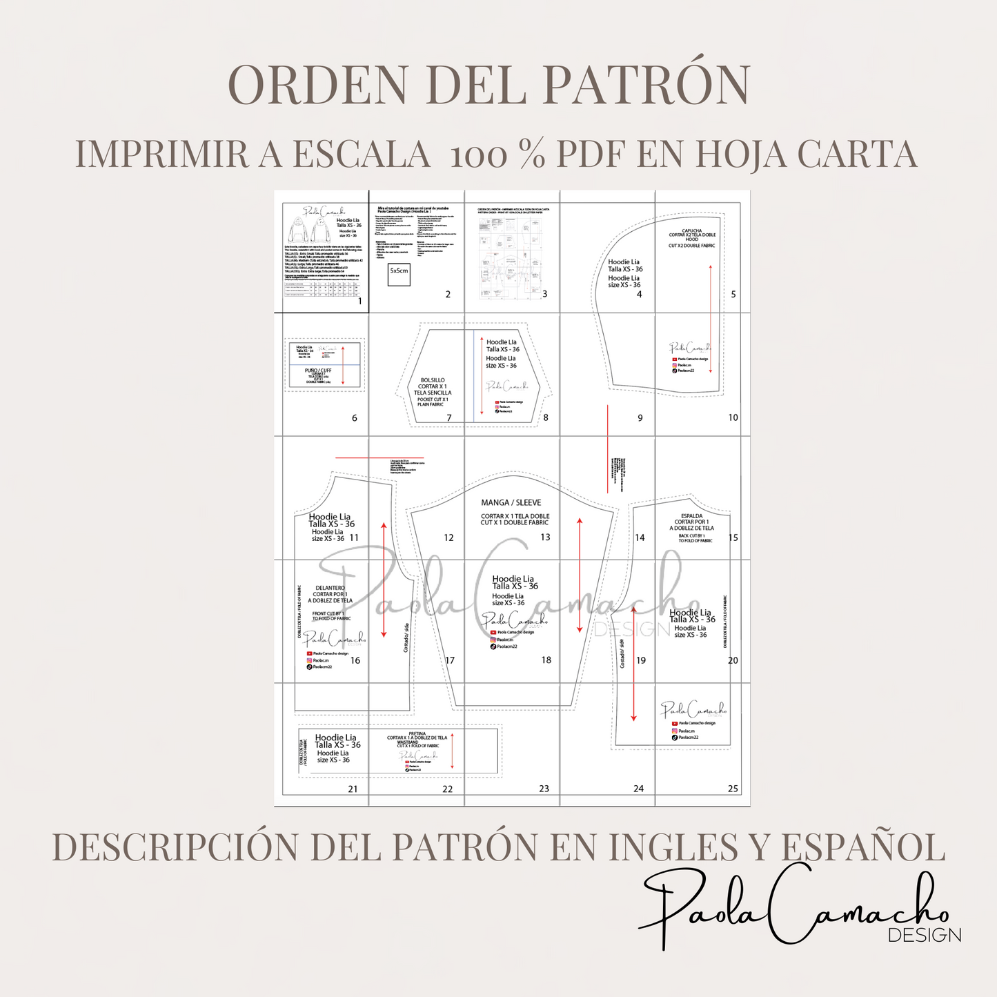 Patrón de Costura Hoodie Lia  – PDF Tallas XS a XXL (Hoja Carta)
